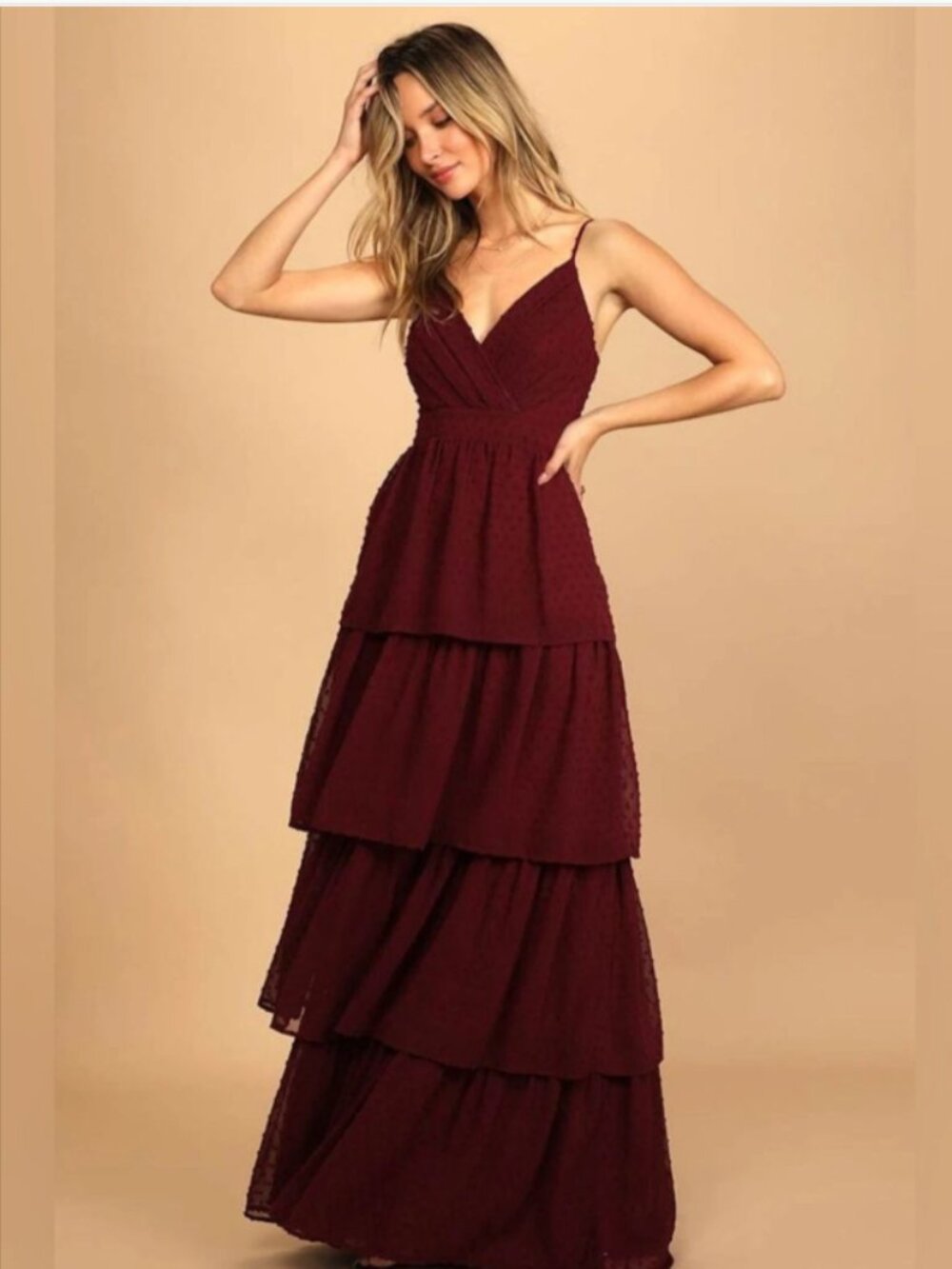 Lulus Love Stays True Burgundy Swiss Dot Tiered Maxi Dress XL NWT Wedding Guest